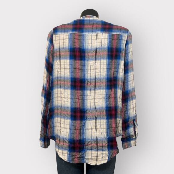 Express Womens Tunic Flannel Plunge V-Neck sz M Long Sleeve Lace Up Top Cottage - Picture 3 of 7